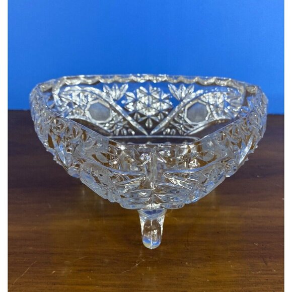 Vintage Clear Tri-Footed Triangle Cut Glass Dish No Lid Star Design - Picture 7 of 16